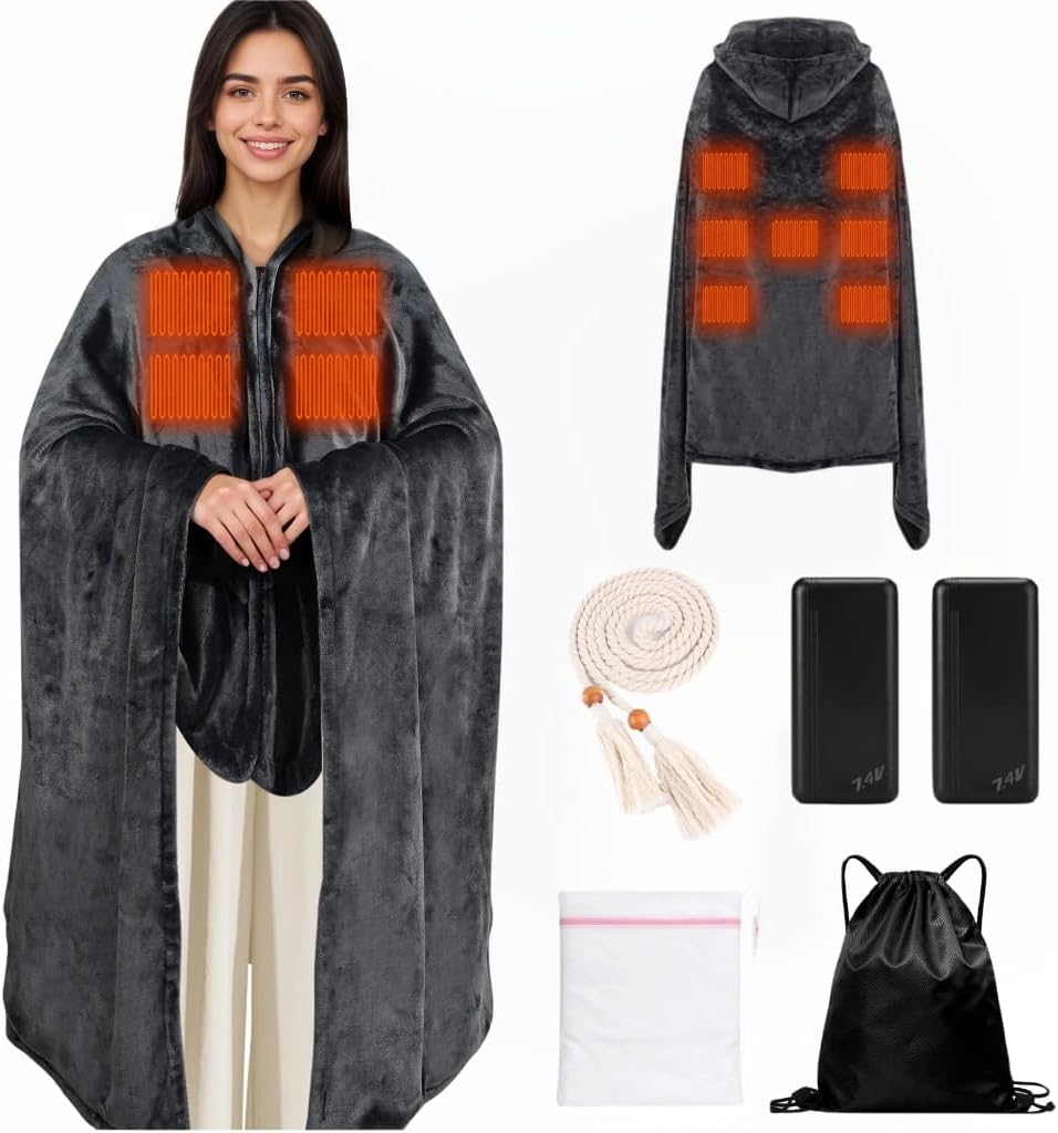 Large Portable Heated Blanket 71" × 43", Includes 2 Portable 20000mAh 7.4V Power Banks, 11 Heating Zones, 3 Heat Settings, 1–6H Timer, Machine Washable, with Laundry Bag, Waist Belt & Backpack