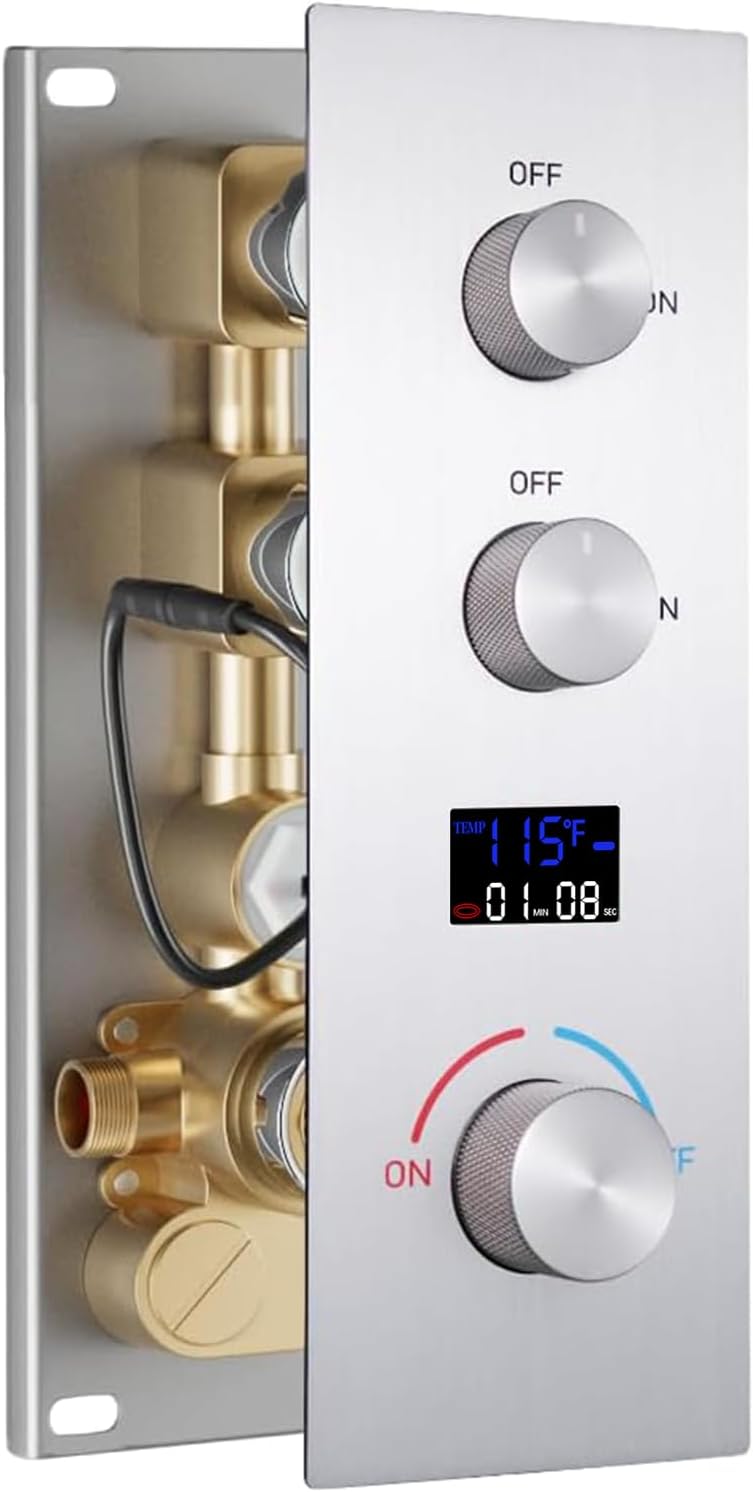 2 Way Shower Diverter Valve Brass 2 Functions Digital Temperature Display Thermostatic Shower Mixing Valve Kit 3 Handle Flow Cotrol Valve, Can Run Simultaneously Brushed Nickel