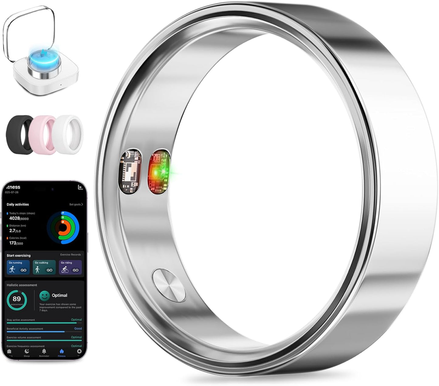 Smart Ring with Vibration Alerts, health tracker ring with Body Temperature Monitor, Heart Rate, Sleep & Fitness Tracking, Waterproof Activity Ring for Men & Women, No App Fees (Silver, 12#)