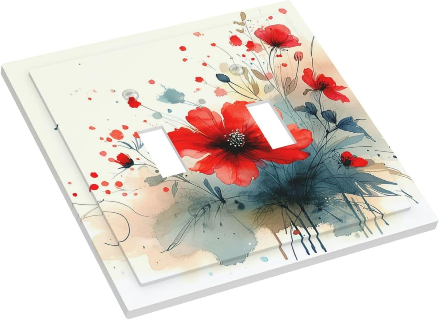 Vintage Floral Red Watercolor Modern Decorative Switch Plates 2 Gang Double Toggle Outlet Light Switch Cover Wall Plate Electrical Faceplate for Bedroom Bathroom Decor