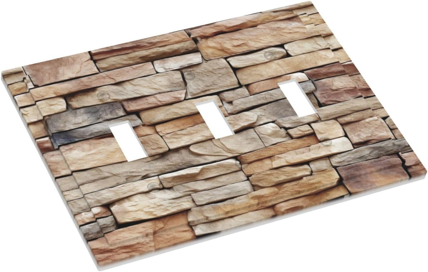 Decorative Switch Plates Stone Textured Brown Brick Natural Stone 3 Gang Wall Plate Triple Toggle Light Switch Cover Faceplate Electrical Wall Panels For Farmhouse Cabin Decor