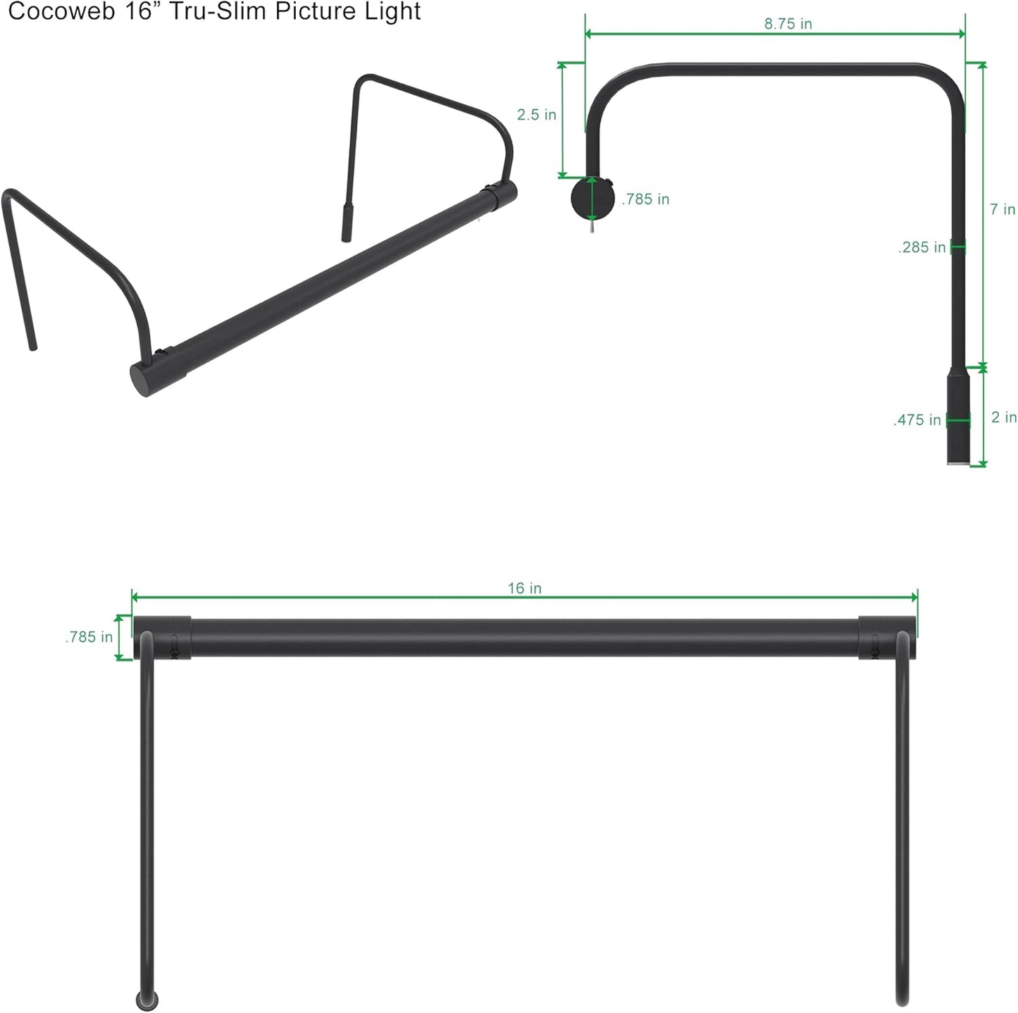 Cocoweb 16 Inch Tru-Slim Oil Rubbed Bronze Picture Light - LED, 2700K, Adjustable Arm, Plug-in, Toggle Switch, Sleek and Compact Design