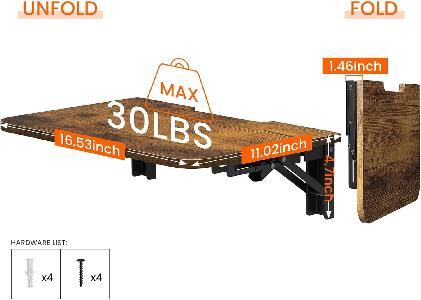 Homode Projector Shelf for Wall, Foldable Floating TV Shelf, Wall Mount DVD Shelf with Heavy-Duty Brackets Under TV for Cable Box, Games Console, 16.5 x 11 Inches, Rustic Brown