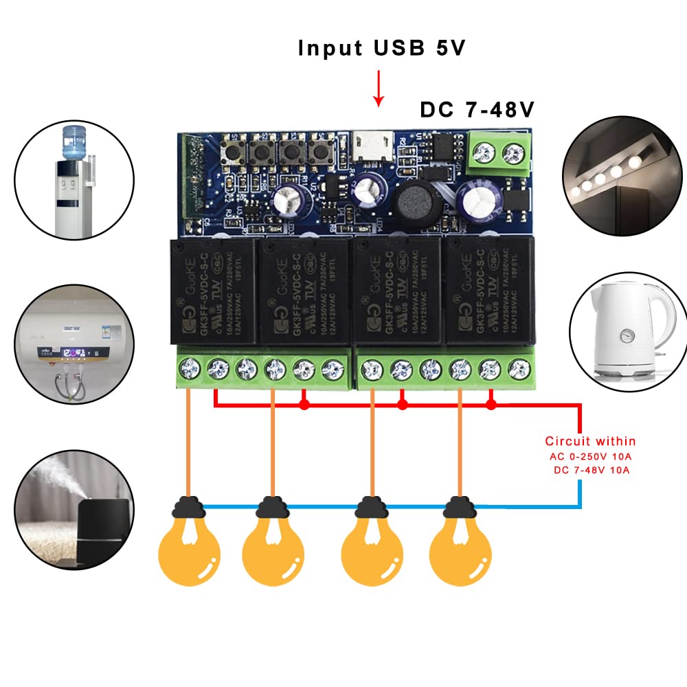 Ewelink WiFi Wireless Smart Relay Module USB 5v 4 Channel Inching Self-Lock Latched Dry Contact Remote Toggle Switch for Access Control, Garage Door,Home Automation, Compatible with Alexa Google Home