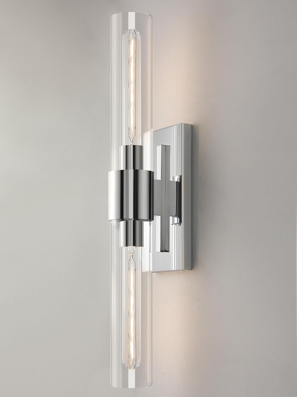 Chrome Tube Wall Sconces with Clear Glass, 24'' Modern Bathroom Vanity Light Fixtures for Bathroom Living Room Bedroom Hallway Fireplace Staircase(Bulb Included).