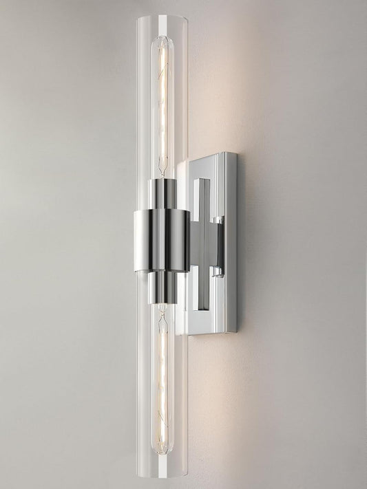 Chrome Tube Wall Sconces with Clear Glass, 24'' Modern Bathroom Vanity Light Fixtures for Bathroom Living Room Bedroom Hallway Fireplace Staircase(Bulb Included).