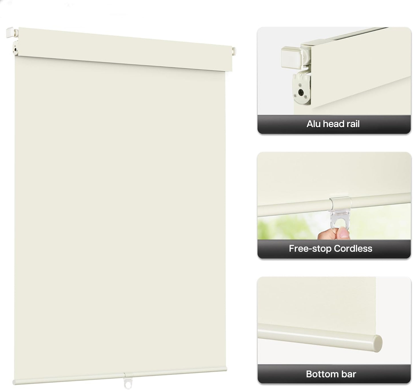 LazBlinds No Drill Blinds for Indoor Windows, Blackout Roller Shades, Cordless Window Blackout Blinds, Thermal Insulated Fabric UV Protection for Home and Office, 33" W x 48" H, Cream