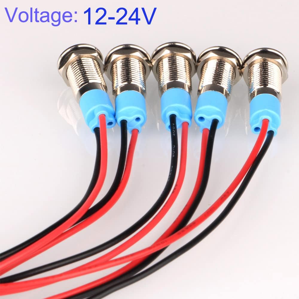 5pcs 8mm LED Metal Indicator Light AC/DC 12-24V Waterproof Signal Lamp Pilot Dash Directional with Wire(Blue)