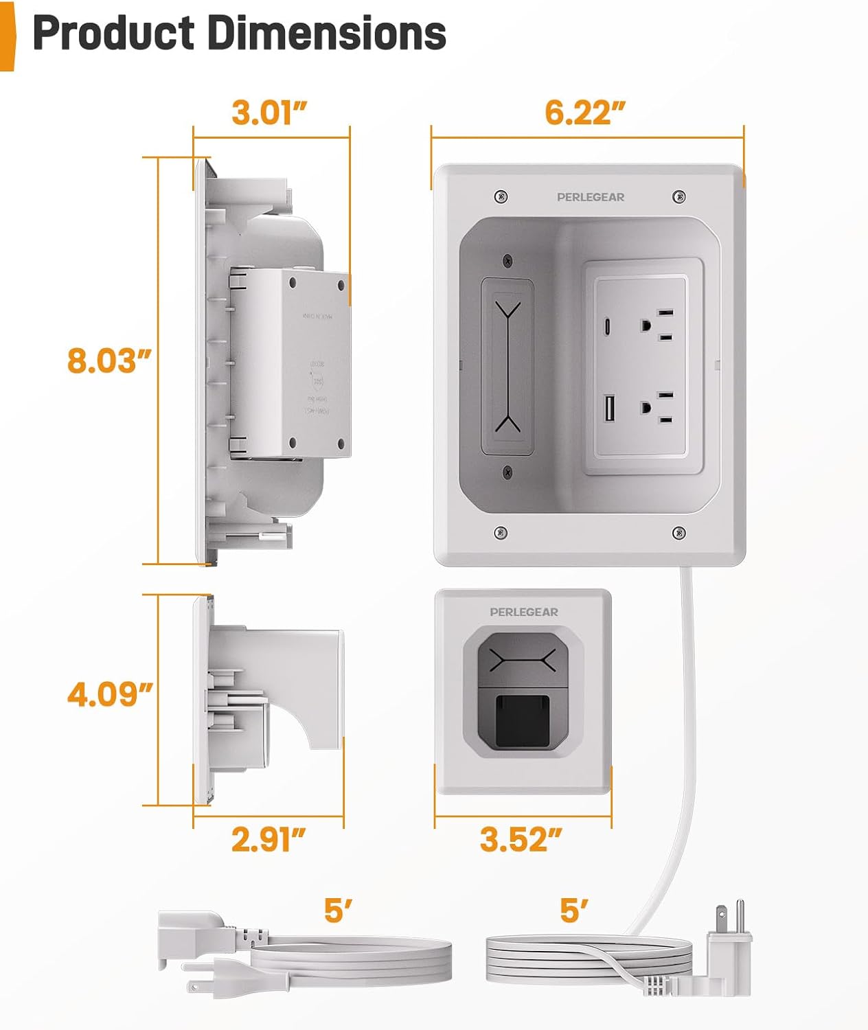 Perlegear TV in-Wall Cable Management Kit, USB and Typ C Ports Cord Hider for Wall Mount TV with Recessed Power, Includes Drill Templates, Dust Bags, Drywall Saw, Extension Cable