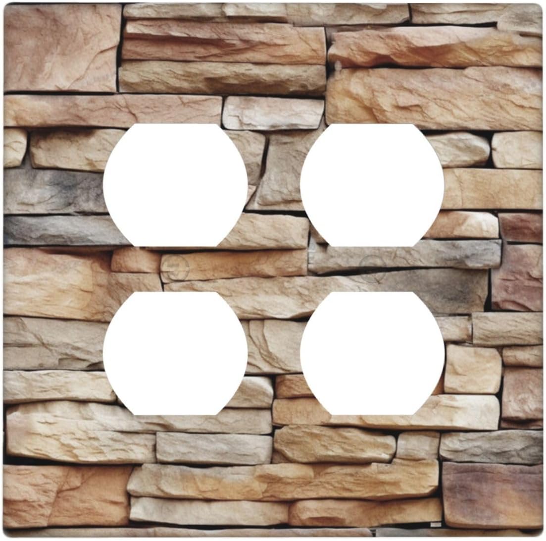 Outlet Covers Stone Textured Brown Brick Natural Stone 2 Gang Double Duplex Decorative Light Switch Covers Electrical Wallplates Socket Faceplate For Farmhouse Cabin Decor