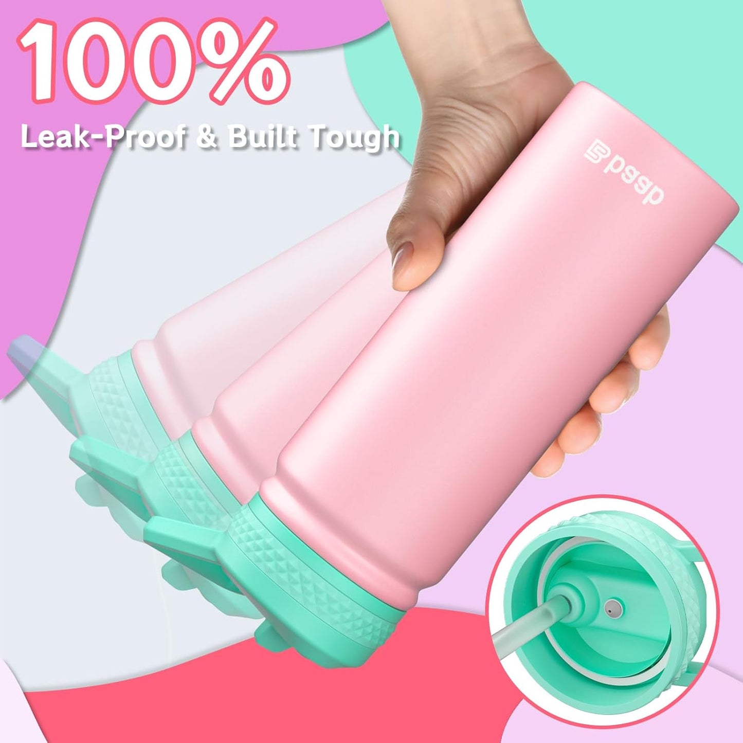 baab 18oz Kids Water Bottle, Insulated Water Bottle with Straw & Stickers, 18/8 Stainless Steel Vacuum Leakproof Kids Water Straw Cup for School, Perfect for Boy Girl (Pink+Purple, 2 Pack)