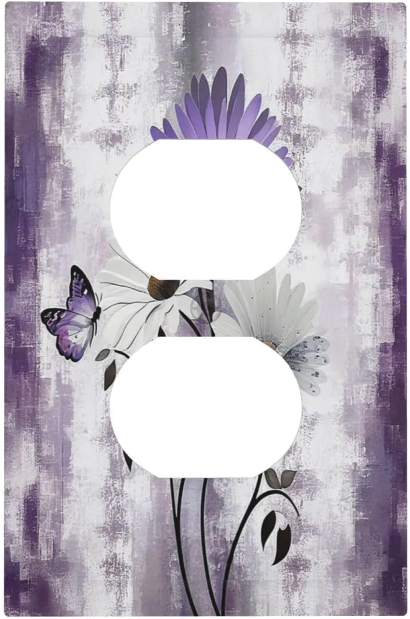 Purple Daisy White Floral Butterfly Flowers 1 Gang Duplex Receptacle Switch Wall Plate Decorative Switchplate Outlet Covers Electrical Plug Cover Faceplate for Bathroom Home Decor 5 X 3 IN