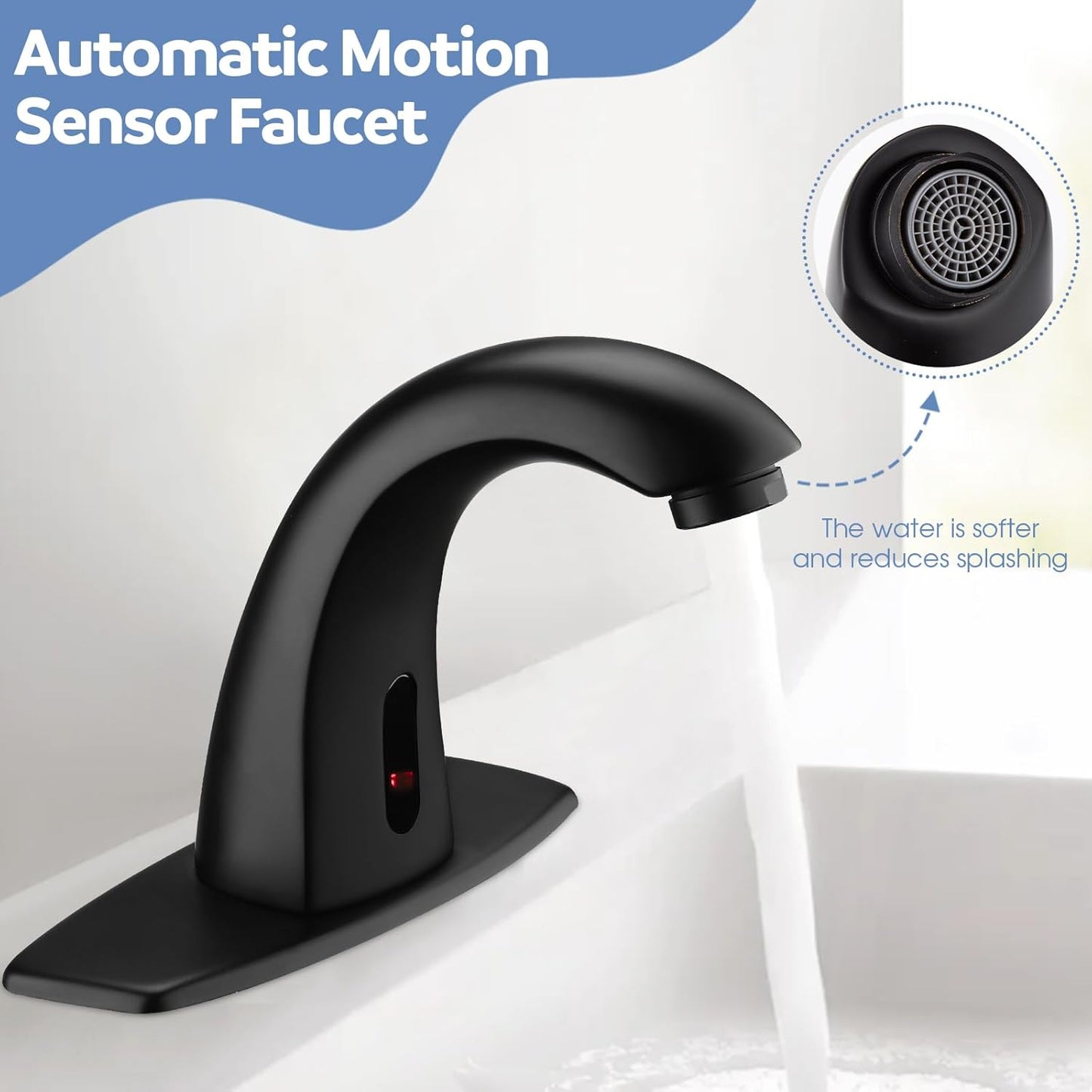 Touchless Bathroom Sink Faucets, Automatic Motion Sensor Sink Faucet with Hole Cover Deck Plate, Commercial Sink Faucet for Bathroom (Black)
