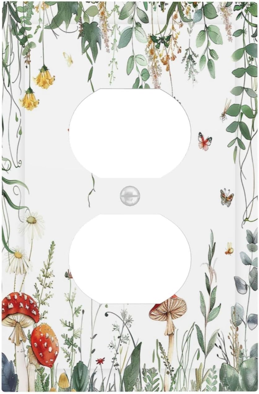 Outlet Covers Sage Plant Red Mushroom Butterfly Wild Flower 1 Gang Duplex Light Switch Cover Decorative Switch Plates Electrical Receptacle Faceplate Wall Plate For Bed Room Kids Room