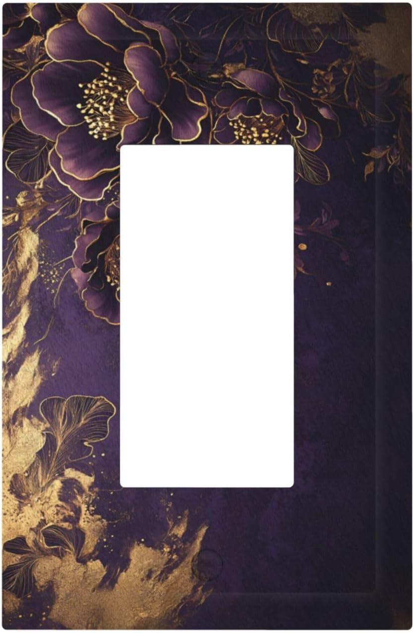 Decorative Outlet Covers Vintage Purple Peony Gold Leaf Flowers Floral 1 Gang Single Decora GFCI Device Light Switch Covers Plate 1 Rocker Wall Plate Jumbo Face Plate for Bedroom Decor