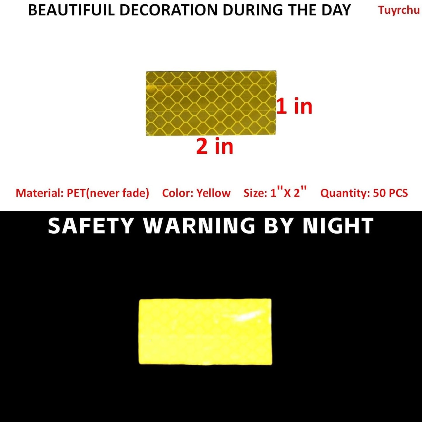 Non Fading Yellow Reflective Stickers 1 inch X 2 inch, Outdoor Waterproof High Visibility Warning Safety Adhesive Reflector Tape (50 Pcs)