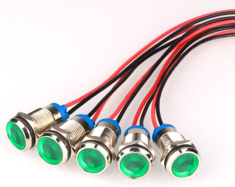 5pcs 10mm LED Metal Indicator Light AC/DC 12-24V Waterproof Signal Lamp Pilot Dash Directional with Wire(Green)