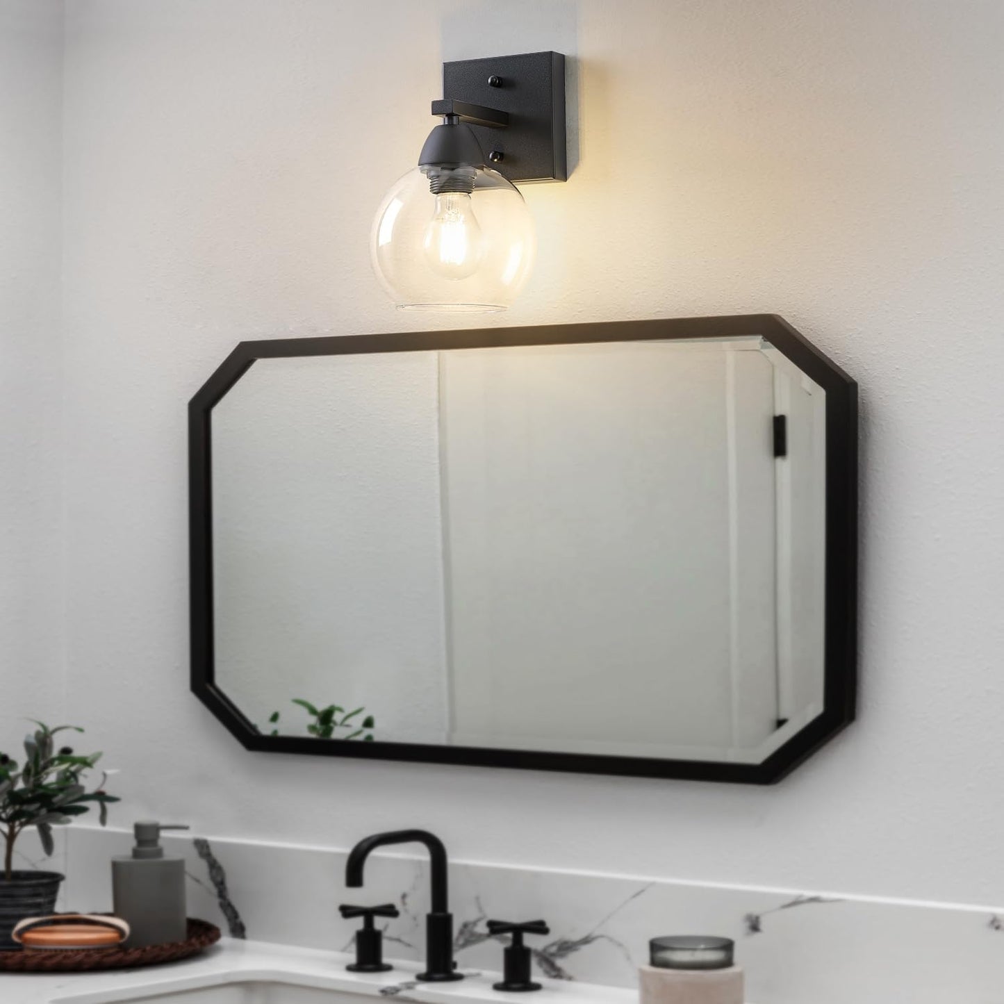 Bathroom Light Fixtures, 1-Light Matte Black Vanity Light with Hand-Blown Thick Glass Shade, High Clarity & Durable, Wall Sconce for Mirror, Kitchen, Bedroom, Hallway