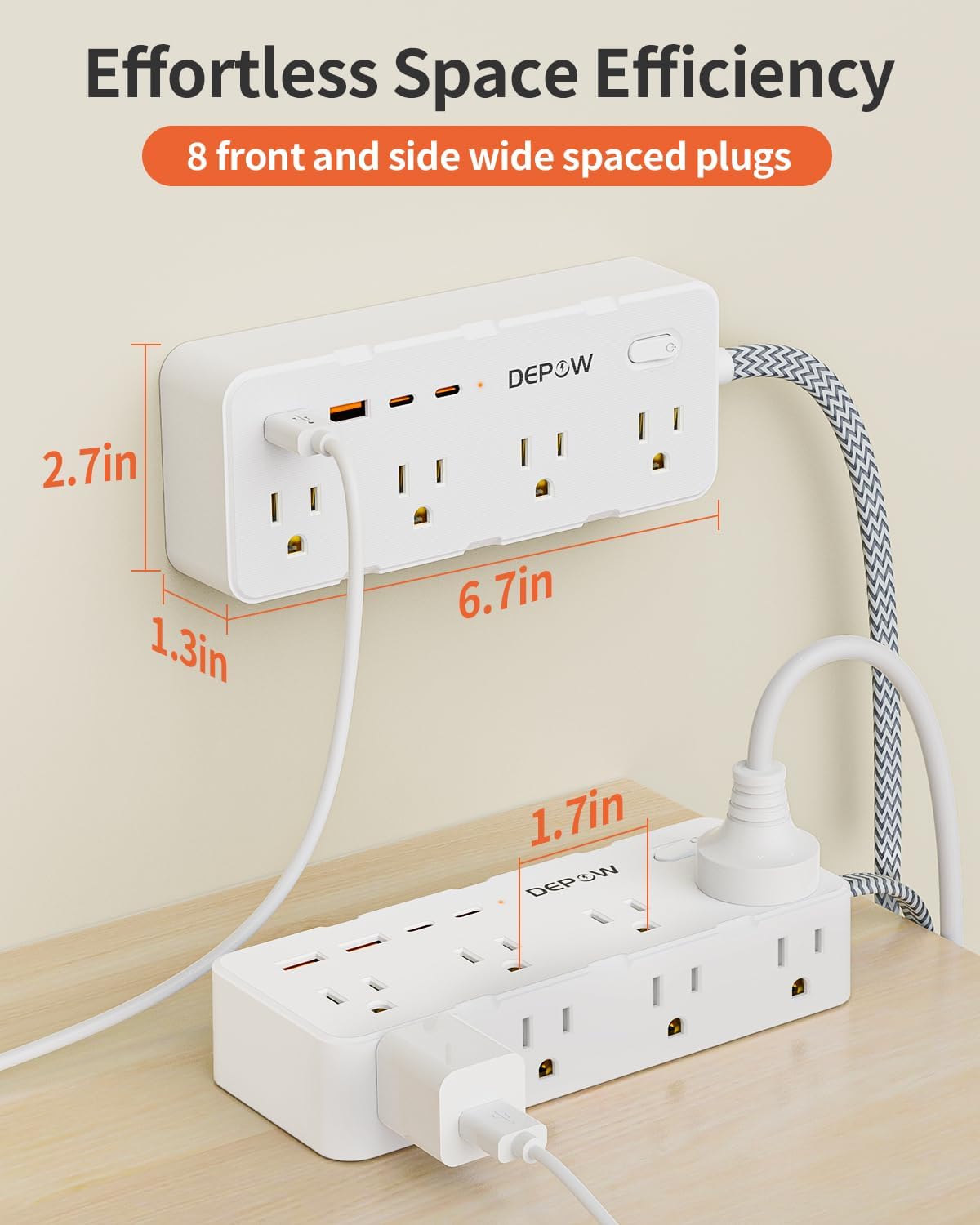 Power Strip Surge Protector, 5FT Braided Extension Cord with Multiple Outlets-8 AC Outlets 4 USB Ports (2 USB C), Flag Plug Charging Station, 1700 Joule Surge Protection for Home Office, White