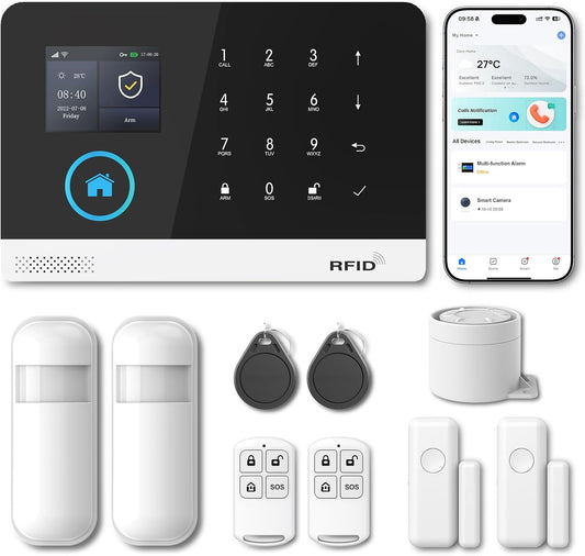 Wireless Home Security System WiFi+GSM/4G with Instant App Alerts&Auto Alarm Dial,Door&Window Alarm System,Motion Sensors,Smart Life Tuya Control,NO Monthly Fees,Apartment,Kids Safety