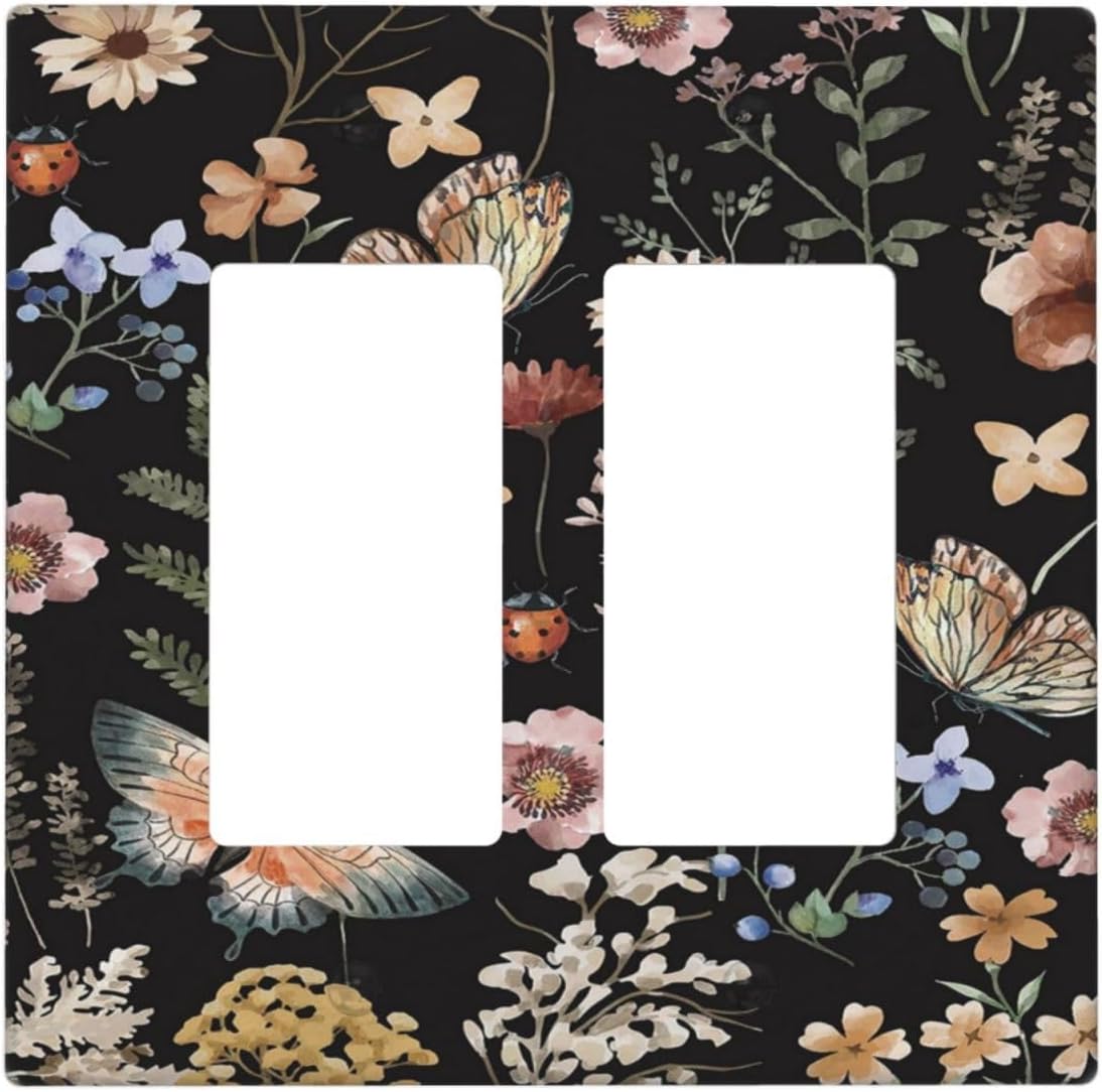Decorative Outlet Covers Rustic Black Butterfly Flowers Leaves 2 Gang Wall Plate Double Rocker Two Switch Wall Cover Plate Jumbo Dual GFCI Faceplate for Country Bedroom Home Decor