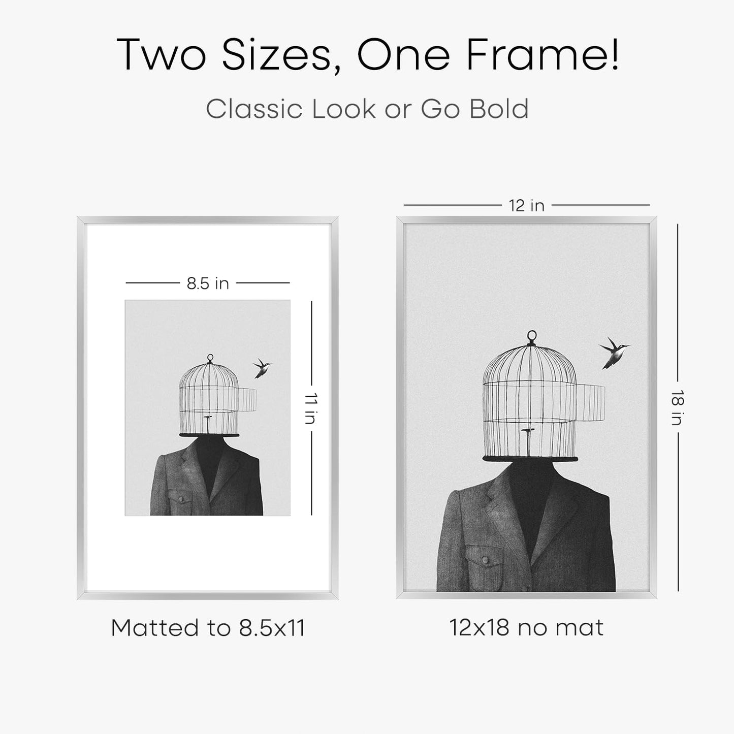 Homeforia 12x18 Silver Frame, High End Metal 12 x 18 Picture Frames with Mat 8.5 x 11 Photo, 18x12 Silver Poster Frame Matted to 11x8.5 Print, 18by12 Hanging Frames, Tempered Glass, Wall Kit, Set of 3