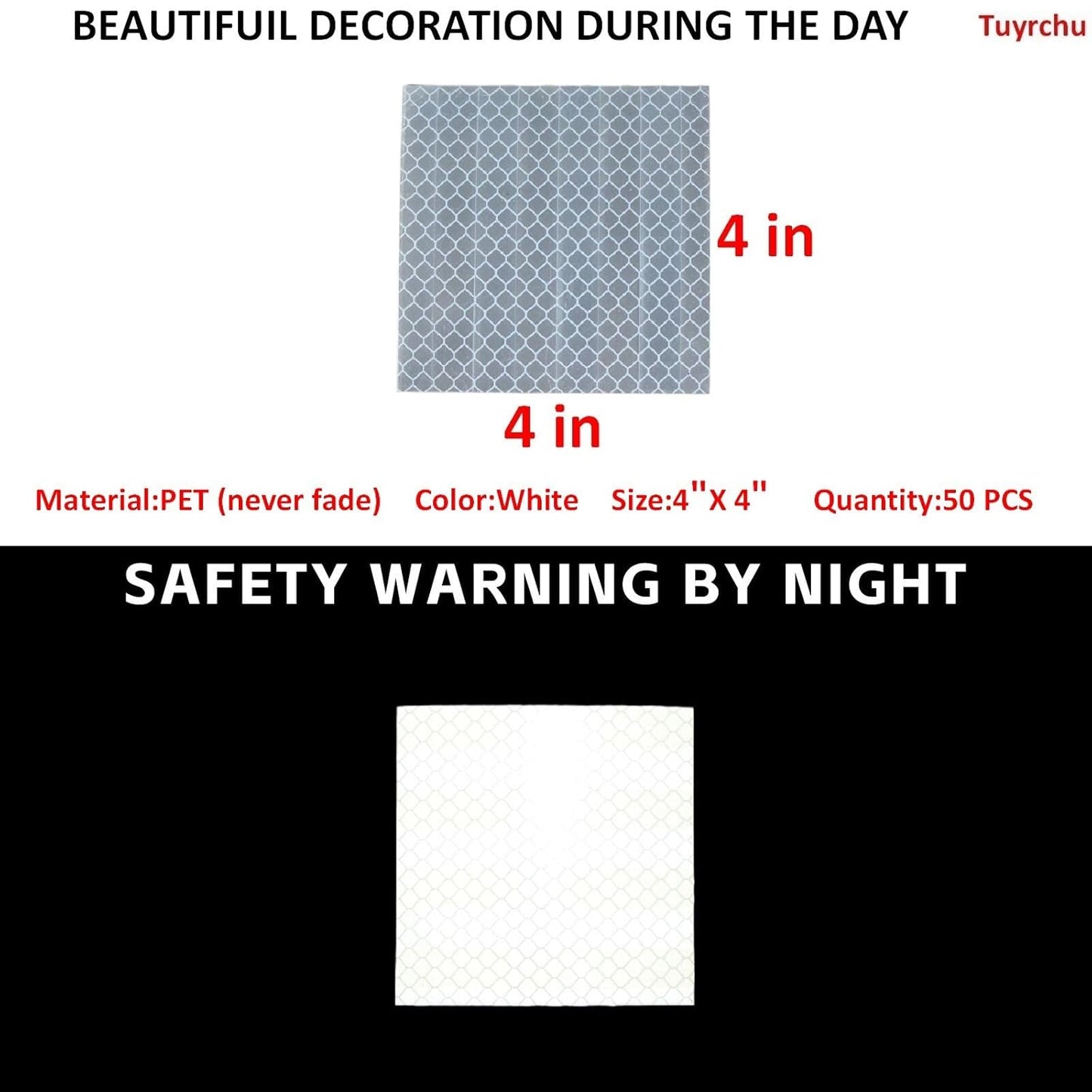 Non Fading White Reflective Stickers 4 inch X 4 inch, Outdoor Waterproof High Visibility Warning Safety Adhesive Reflector Tape (50 Pcs)