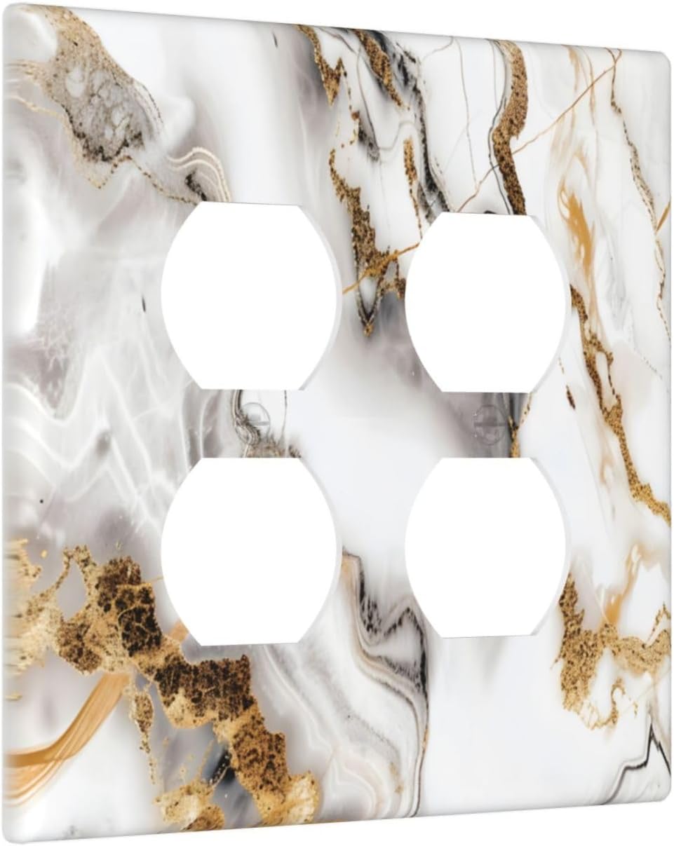 Luxurious Marble Abstract White Gold Tile Modern Simplicity Outlet Covers 2 Gang Double Duplex Decorative Light Switch Covers Electrical Wallplates Socket Faceplate for Bathroom Kitchen Decor