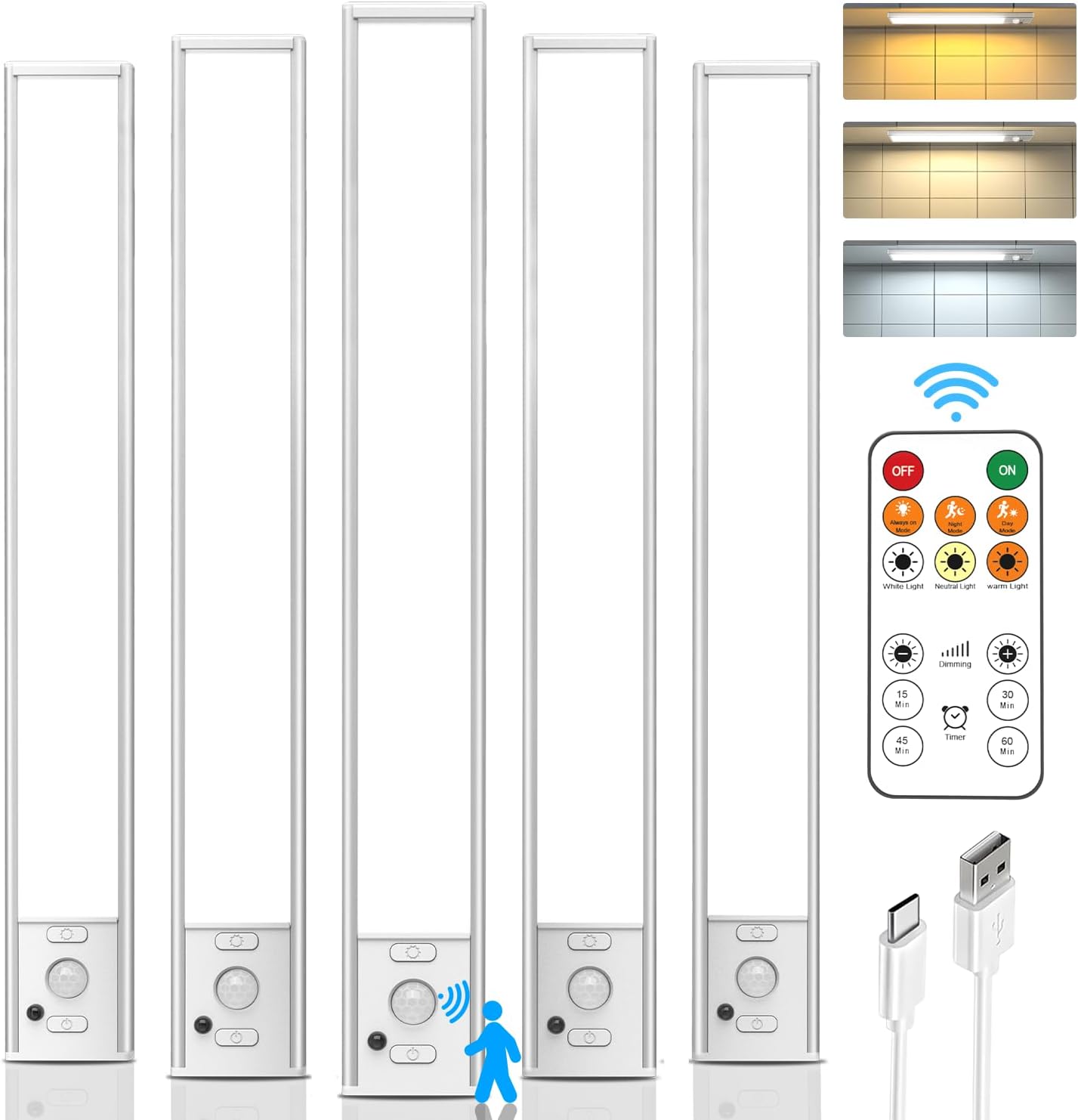 Under Cabinet Lights Wireless, 12'' Rechargeable Motion Sensor Light Indoor, 3 Color Temperature Dimmable Closet Lighting with Remote, Under Counter Lights for Kitchen, Pantry, Stairs, Wardrobe