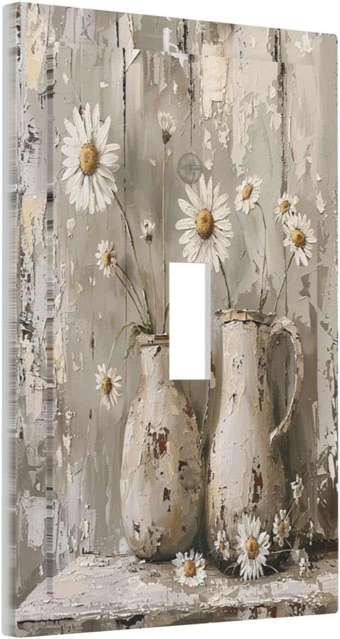 Decorative Light Switch Cover Vintage Rustic Floral White Daisy Flower Oil Painting Style 1 Gang Single Toggle Device Electrical Faceplate Switchplates Decorator Outlet Wall Plate for Home