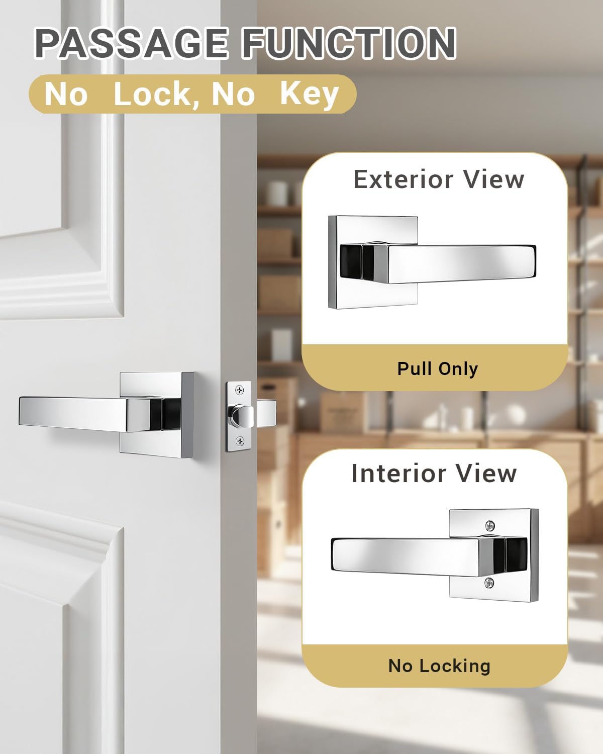 KNOBWELL 1 Pack Polished Chrome Door Handle Square Doorknob with Lever Interior Door Lever for Closet Hallway