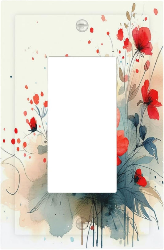 Vintage Floral Red Watercolor Modern Decorative Outlet Covers 1 Gang Single Rocker Light Switch Cover Plate Wall Plates GFCI Faceplate for Bedroom Bathroom Decor