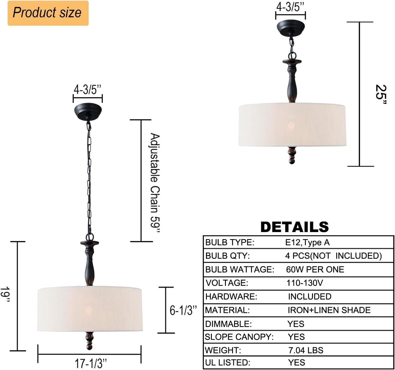 4 Light Drum Chandeliers, Beige Linen Drum Pendant Lighting Fixture with Black Metal Rod Adjustable Hanging Chain Ceiling Lights for Kitchen Island Dining Table Entryway Dia 17.3inch