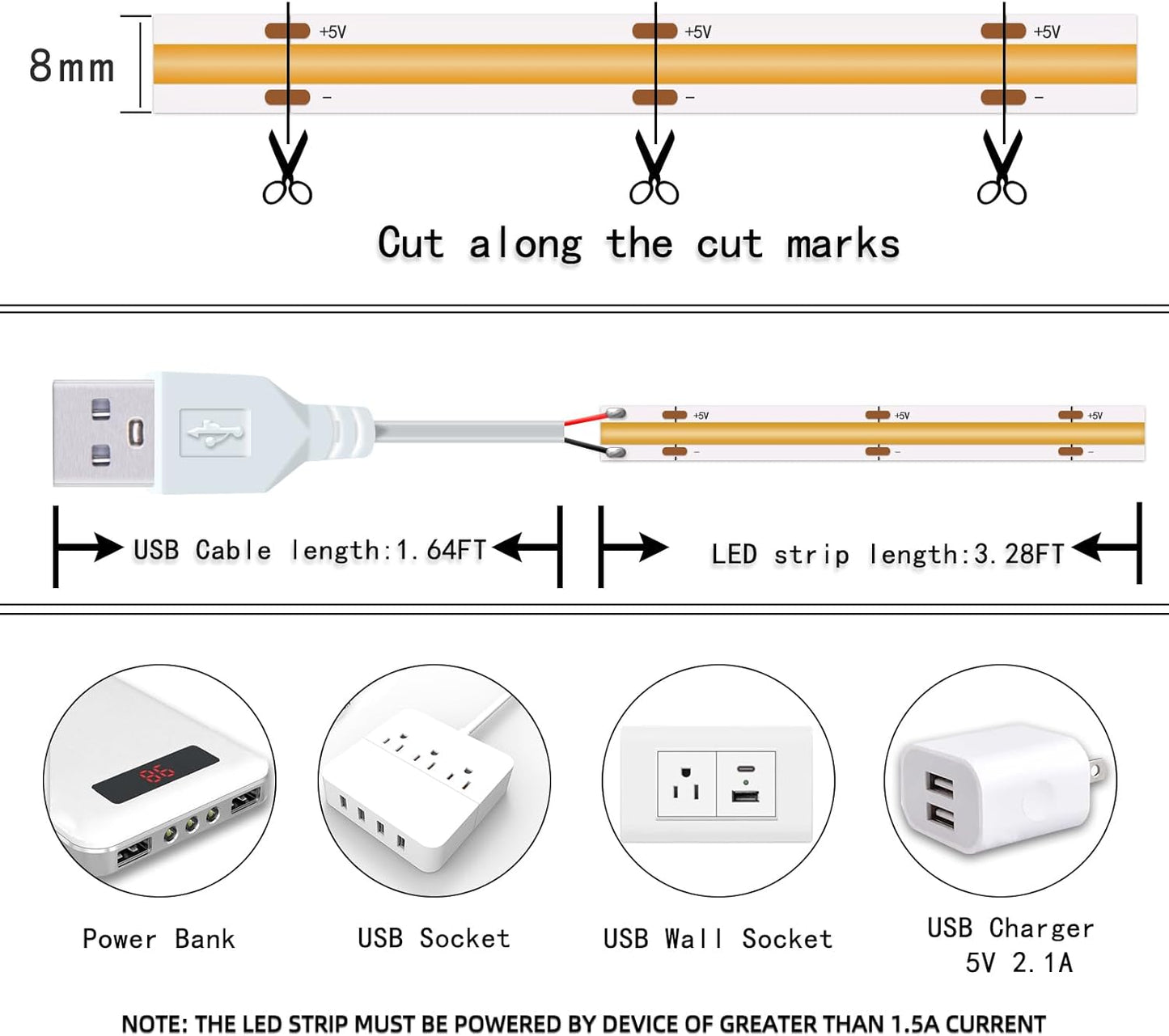 Short LED Strip Lights Yellow 5V USB Not Dimmable Flexible COB LED Rope Lights 320 LEDs/m Super Bright Gold Bendable Small Tape Lights for Exhibition Hall,Living Room TV Lights Decor (3.28FT/1M)