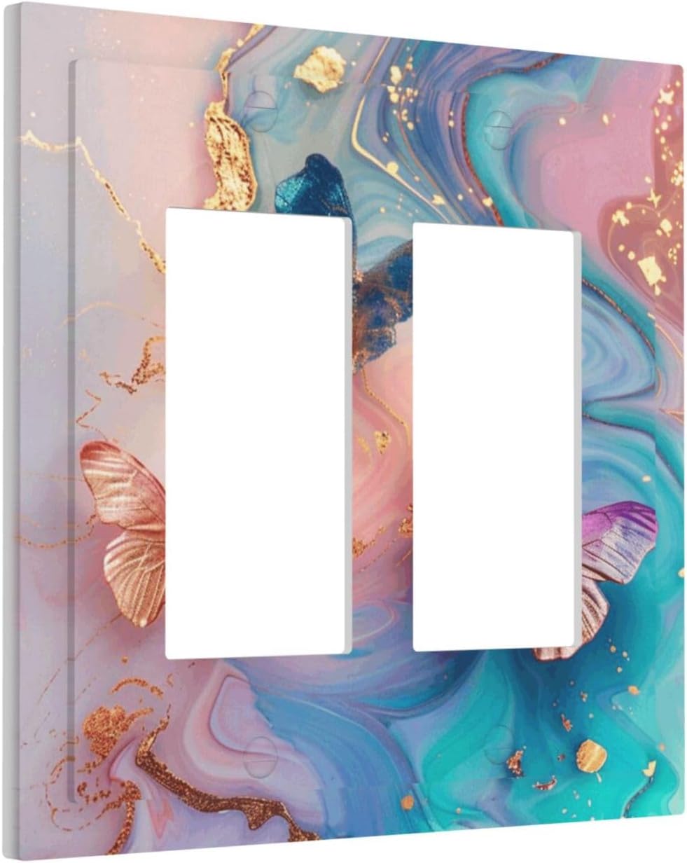 Colorful Marble Butterfly Gold Glitter Abstract Print Decorative Outlet Covers 2 Gang Double GFCI Rocker Electrical Wall Panels Light Switch Cover Plate for Bed Room Living Room Decor