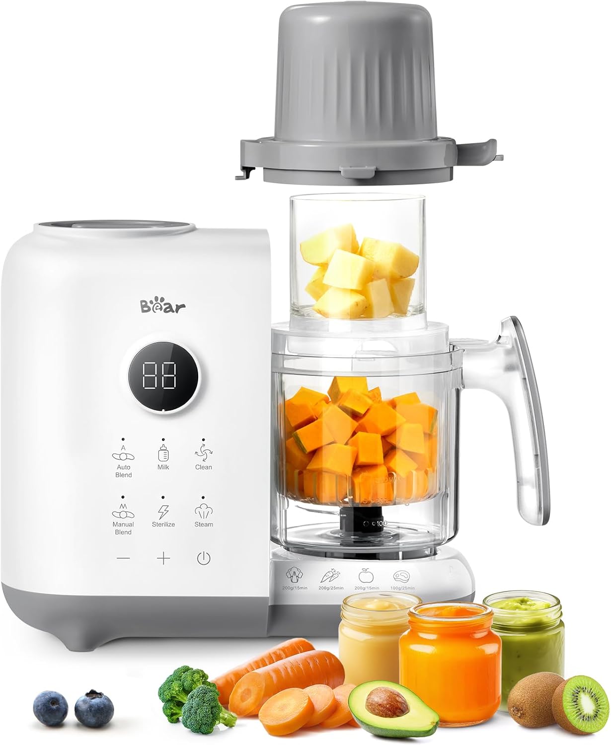 Bear Baby Food Maker with 18.5oz Dual-Layer Steam Baskets, OneStep Baby Food Processor Steamer Puree Blender Grinder Mills, Auto Cooking Grinding&Sterili-zing for Healthy Homemade Baby Food, BPA-Free