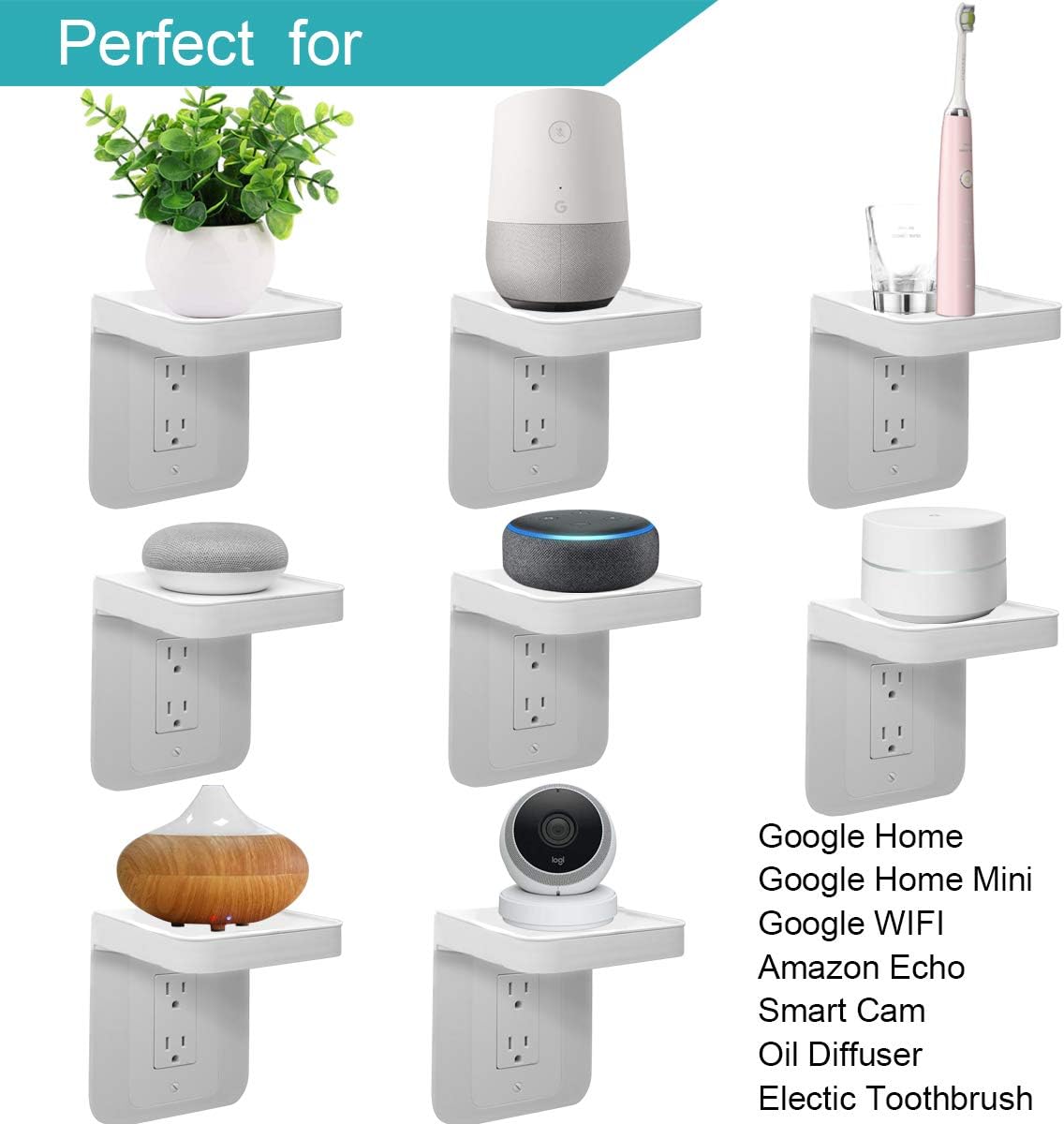 Outlet Shelf, Bathroom Wall Holder with Built-in Cable Management, Wall Organizer for Smart Home Decor Space Saving Electric Toothbrush Use as Echo Holder (Decora-style rectangular, 1, Pack)