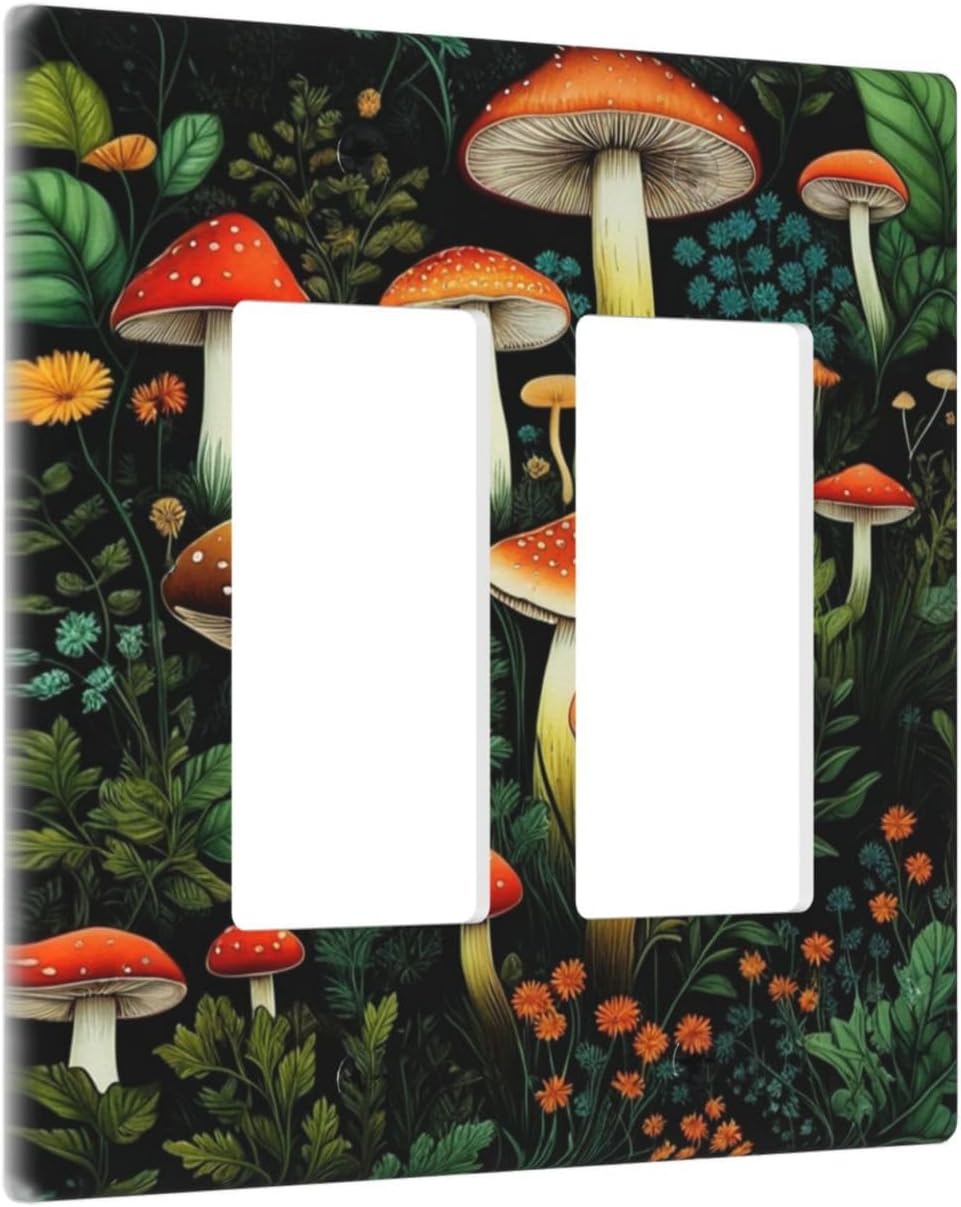 Decorative Outlet Covers Boho Red Mushroom Green Leaf Plants Floral 2 Gang Wall Plate Double Rocker Switch Light Switch Plate Covers Jumbo Dual Electrical GFCI Switch Cover Plate