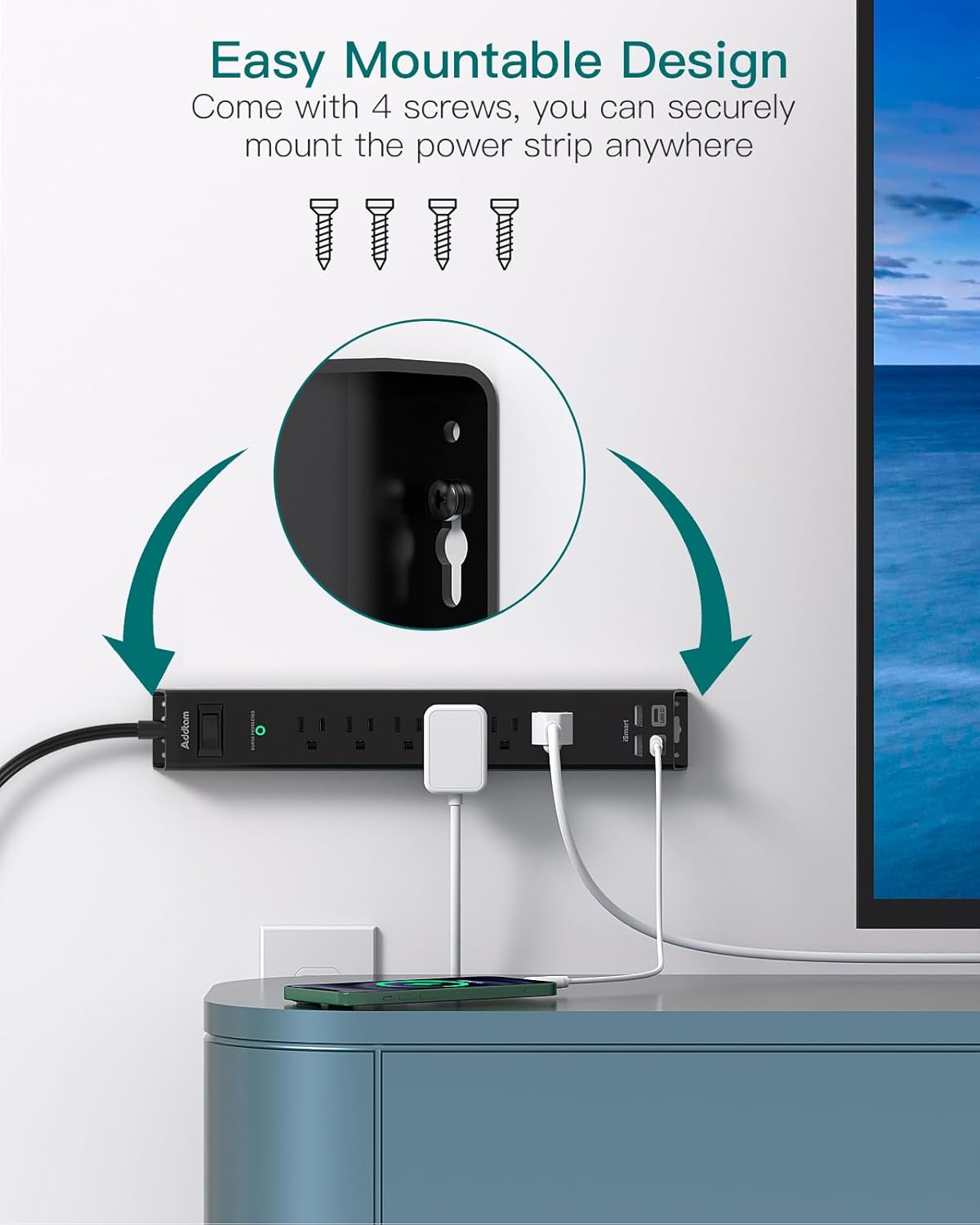 Flat Plug Extension Cord, Addtam 5Ft Surge Protector Power Strip with 6 AC Outlets 4 USB, Wall Mount, Desk Charging Station for Office School College Dorm Room Essentials, ETL Listed