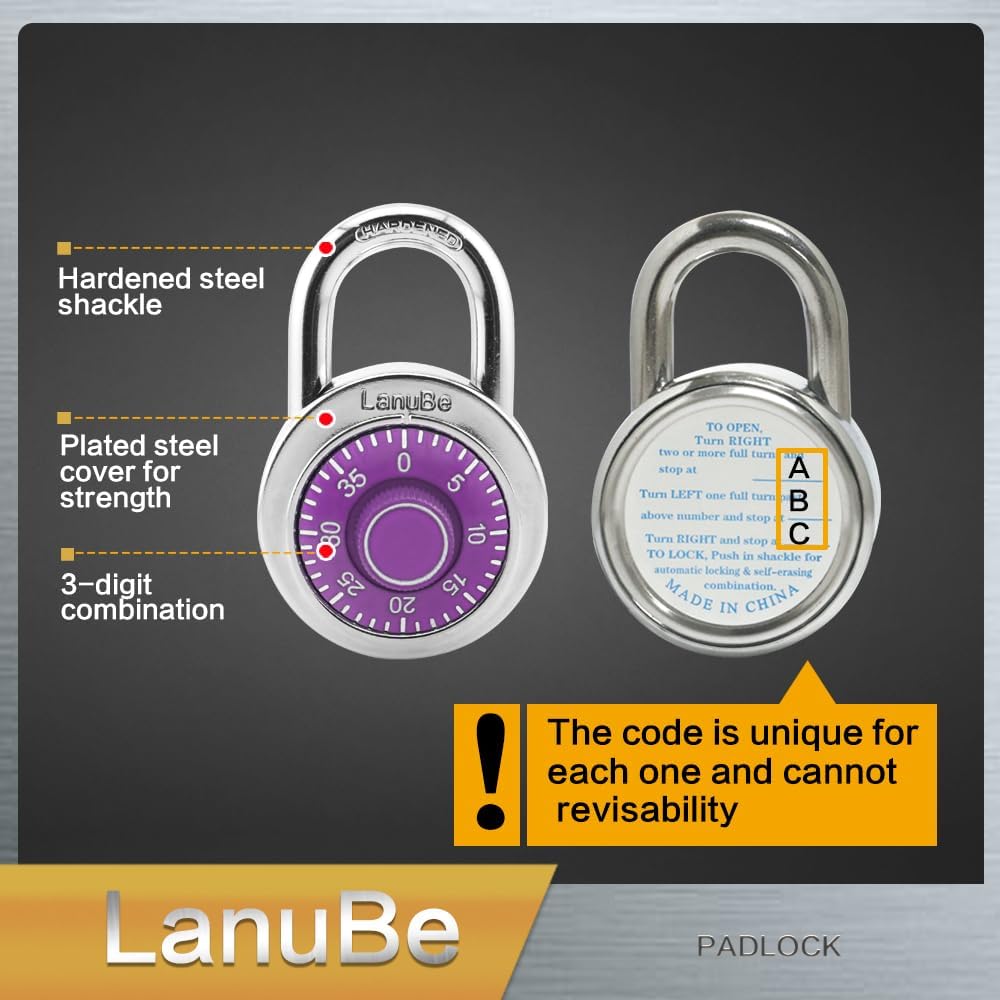 LanuBe Standard Dial Combination Lock, 2 inches. Wide, with Different Combinations, Purple Turnplate, Pack of 12; Lock for School, Employee, Gym Sports Locker, Case, Toolbox