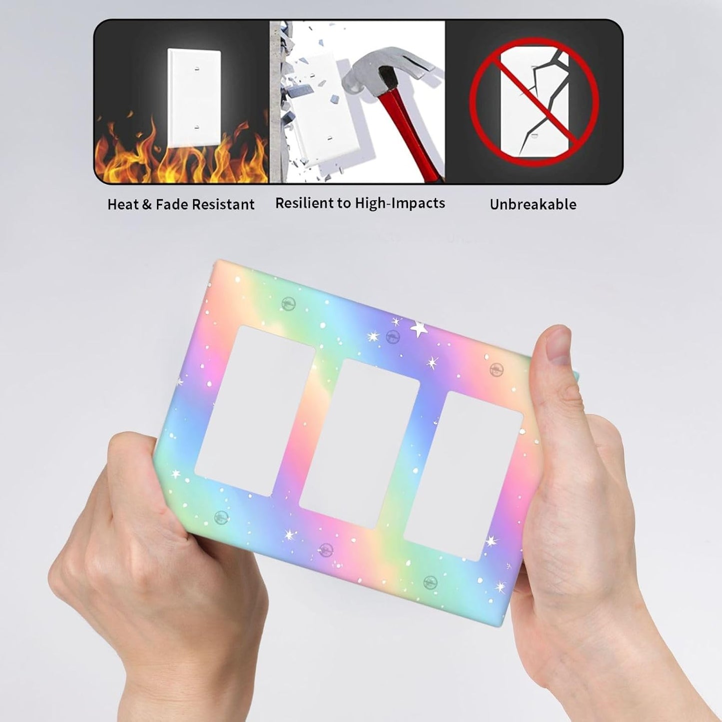 Decorative Outlet Covers Pink Blue Purple Iridescent Rainbow 3 Gang Light Switch Cover Plate Triple Rocker Wall Plates for Electrical Outlets Switch Plate Covers for Bedroom Home Decor
