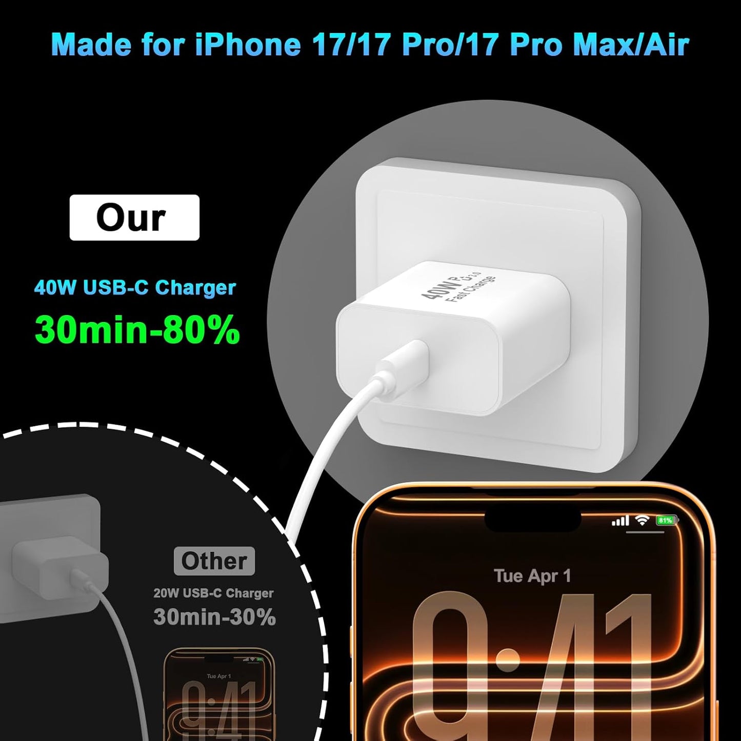 iPhone 17 16 Pro Max Charger Fast Charging, 2 Pack 40W USB C iPhone 16 17 Fast Charger Block with 10 FT Long Type C to C Charging Cable for iPhone 17/17 Pro Max/17 Pro/Air/16/16 Pro Max/15/15 Pro Max