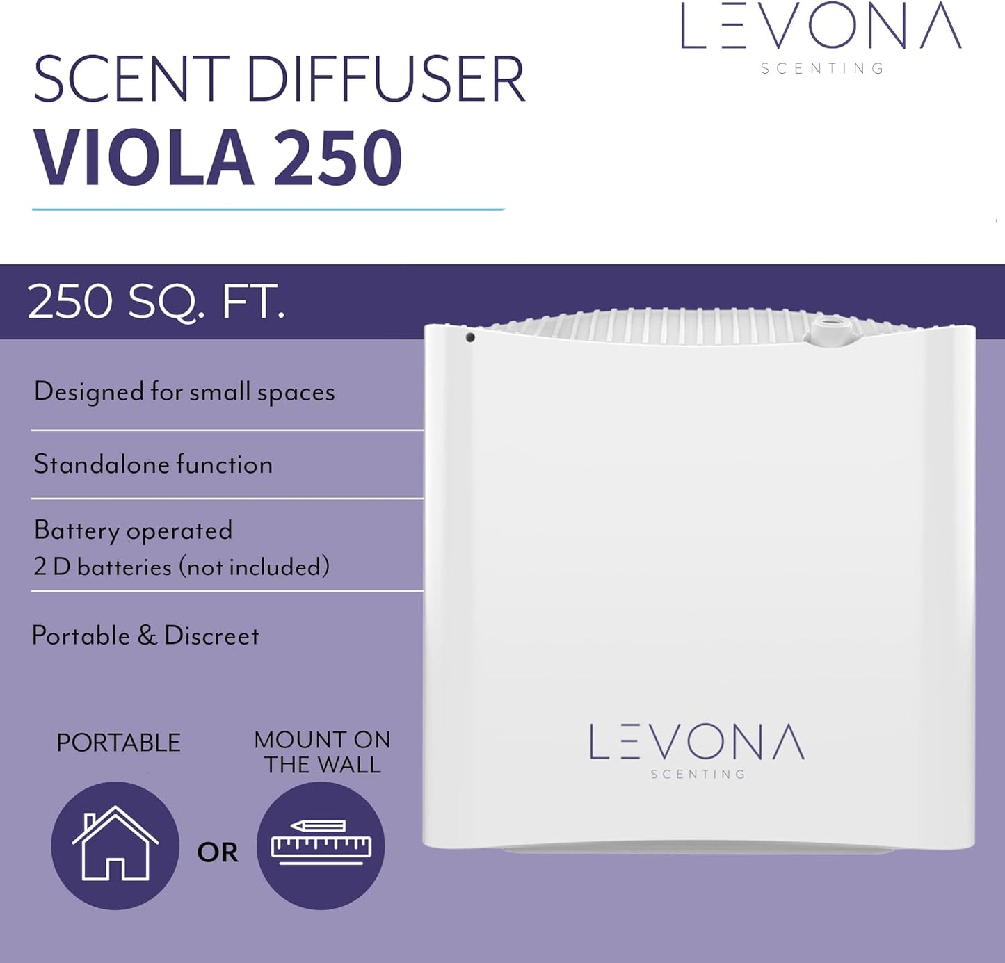 Levona Scent Waterless Diffuser - Essential Oil Aroma & Fragrance Smart Plug-in, Portable Machine for Home, Office & Small Rooms, with Cleaning Cloth, Covers 250 sqft - Viola 250 (Scent Not Included)