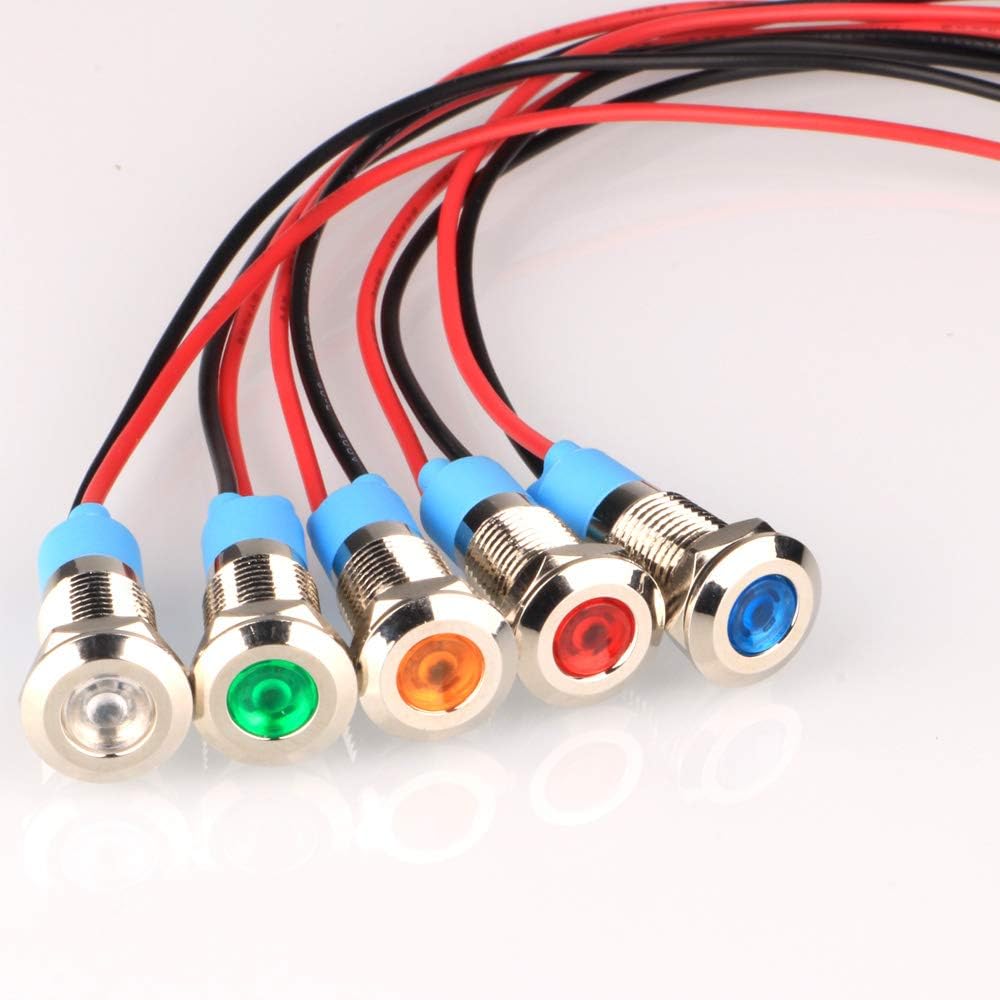 5pcs 8mm LED Metal Indicator Light AC/DC 12-24V Waterproof Signal Lamp Pilot Dash Directional with Wire