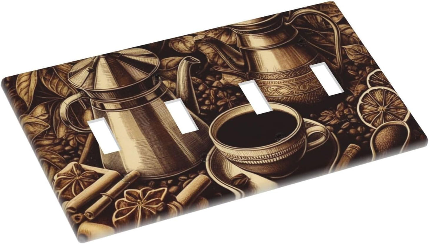 Decorative Light Switch Cover Plate Vintage Coffee Beans Leaf Cup 4 Gang Wall Plate Oversized Quad Toggle Switch Cover Plate Jumbo Faceplate for Kitchen Home Decor