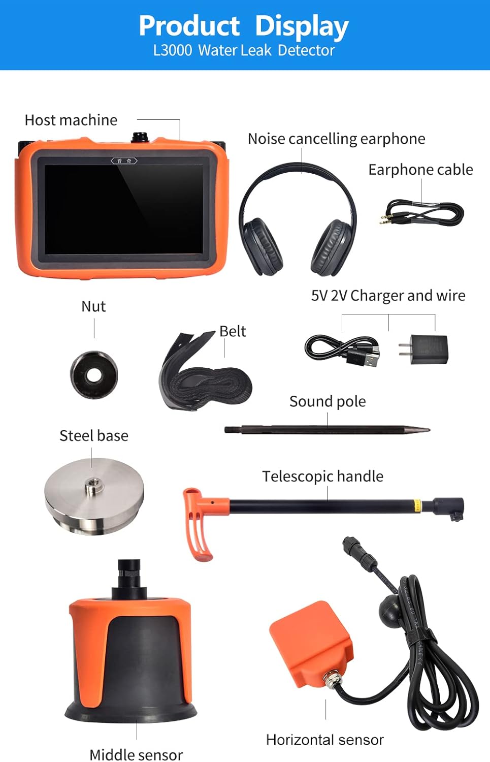 PQWT L3000 Underground Water Leak Detectors Indoor Outdoor Wall Water Pipe Detector Machine Multi Sensor Acoustic Pipeline Leakage Detection Kit Noise Reduction Headphone Smart Touchscreen Carry Case