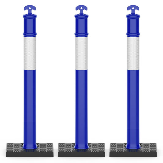 RoadHero 45 Inch Delineator Post with Rubber Base, Heavy Duty Blue Traffic Delineator Posts Cones with Reflective Collars for Parking Lots, Road Safety, Construction Events 3 Pack