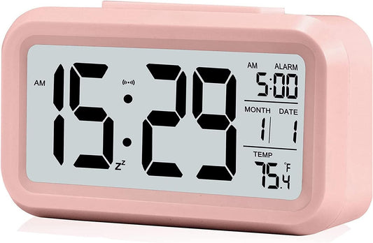 Digital Alarm Clock with LCD Display, Desk Smart Electronic Small Clock with Indoor Temperature, Date, Light Sensor, Backlight, Battery Operated, for Home Bedroom Kids Office (Pink)