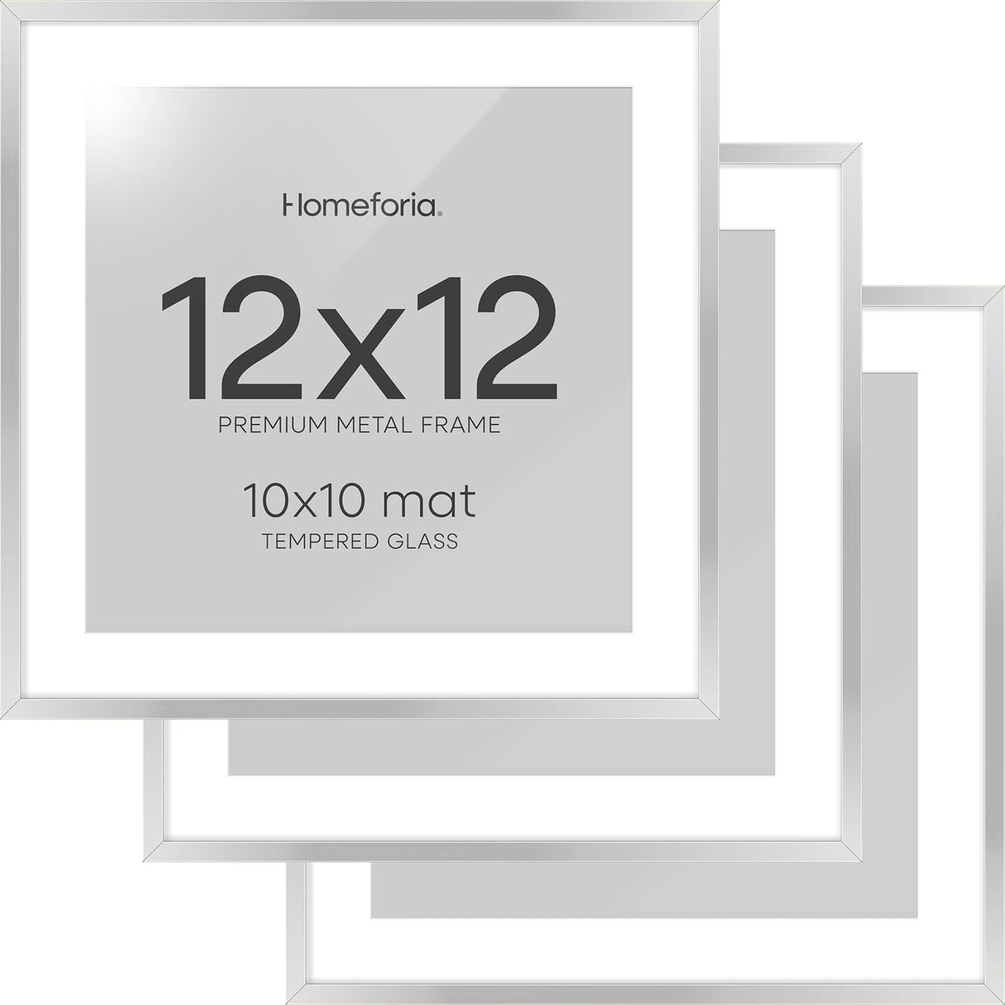 Homeforia 12x12 Silver Frame, High End Metal 12 x 12 Square Picture Frame with Mat 10 x 10 Photo, 12x12 Poster Frames Matted to 10x10 Print, 12 by 12 Hanging Frames, Tempered Glass, Wall Kit, Set of 3