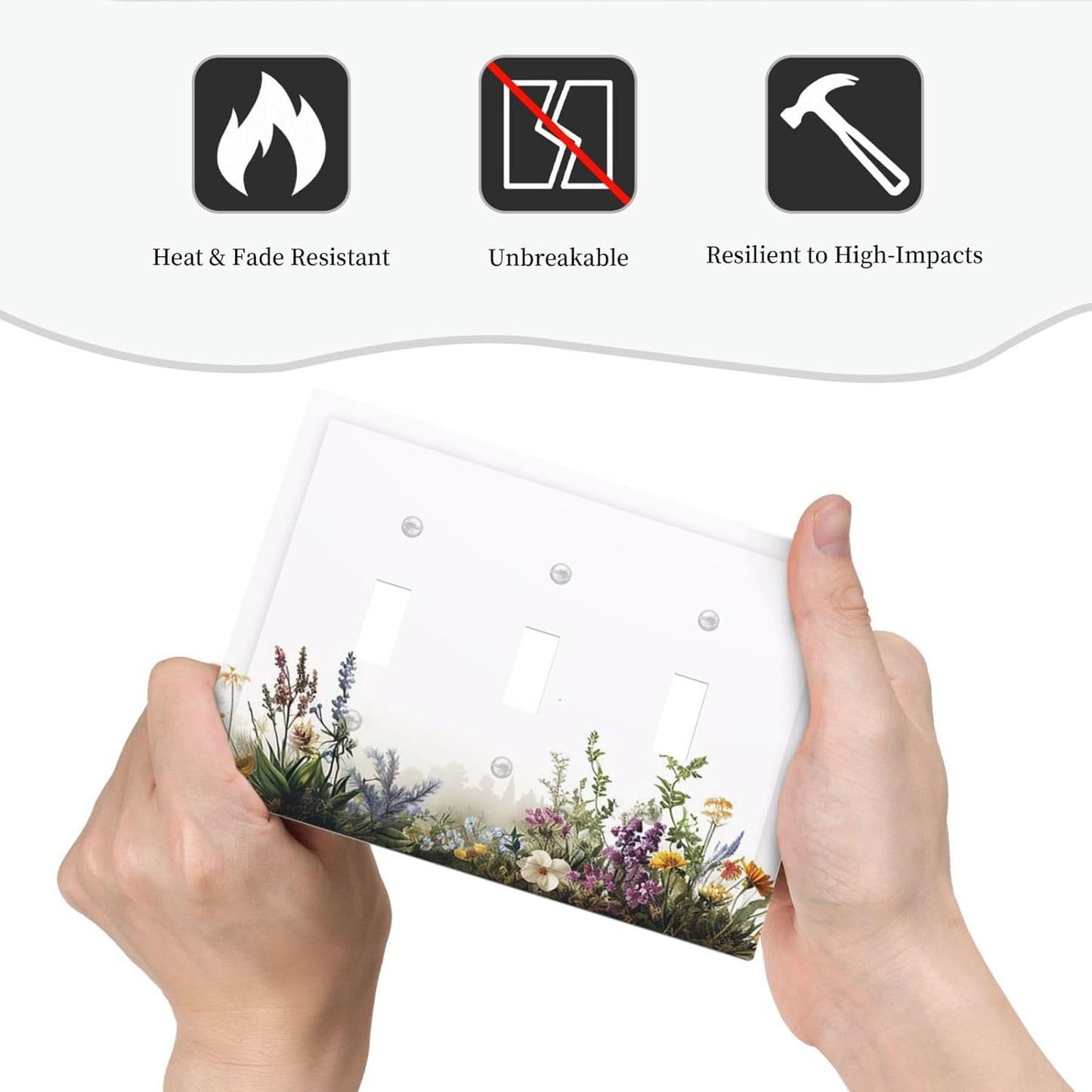 Decorative Light Switch Cover Plate White Background Colorful Flowers Plants Green Leaves 3 Gang Wall Plate Triple Toggle Switch Plate Covers Electrical Outlet Cover for Bedroom Home Decor